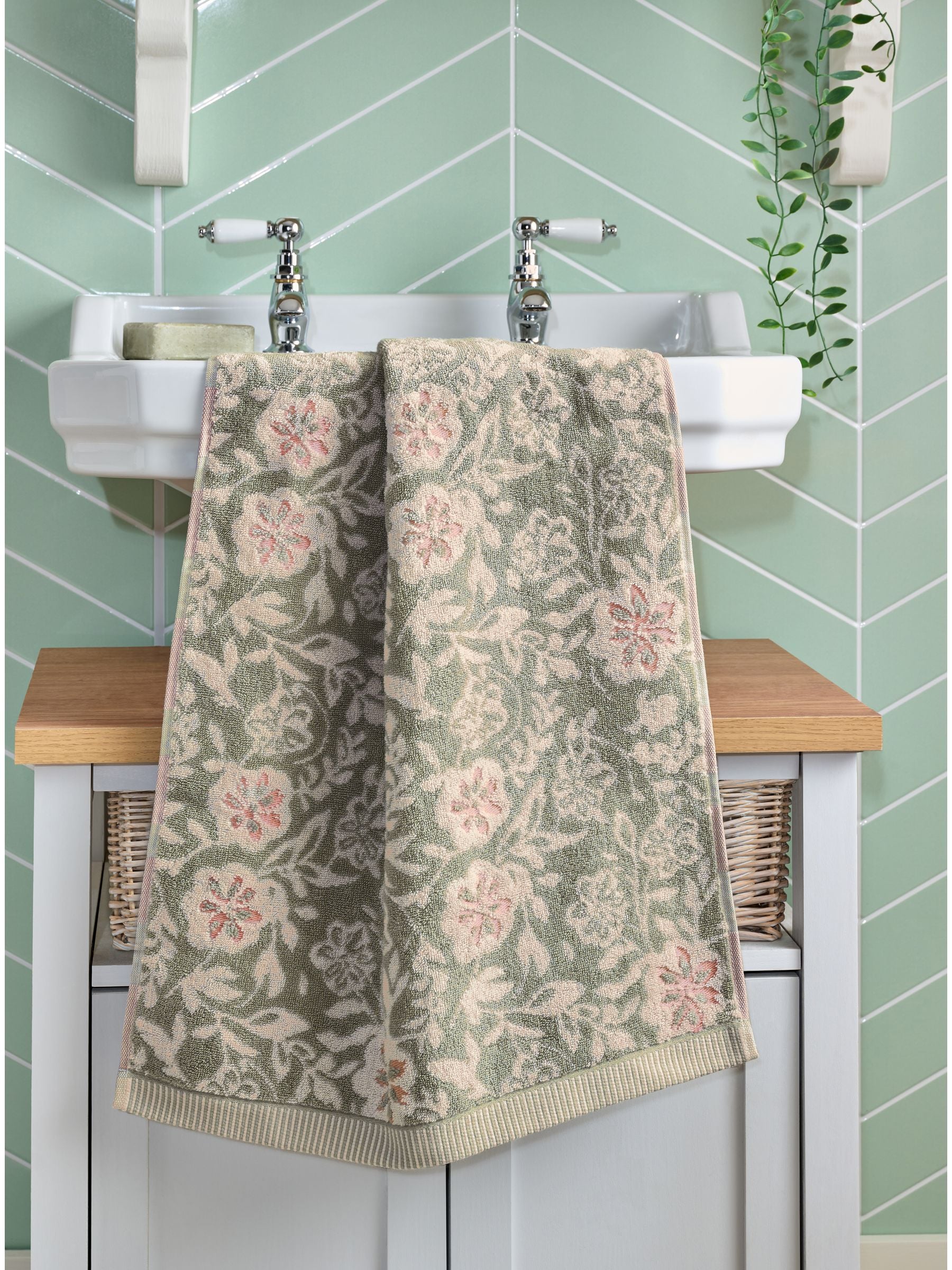 Sage Green Floral Print Cotton Towel (British brand)
