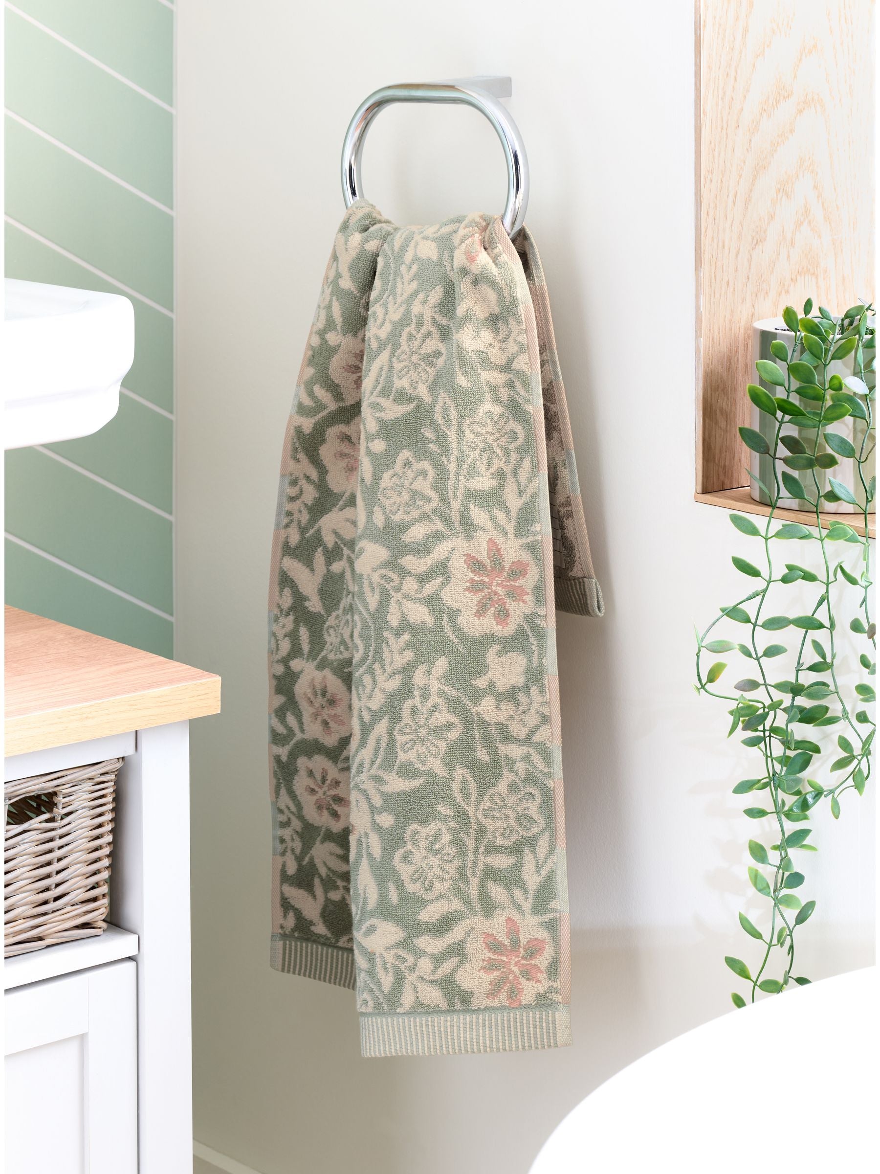 Sage Green Floral Print Cotton Towel (British brand)
