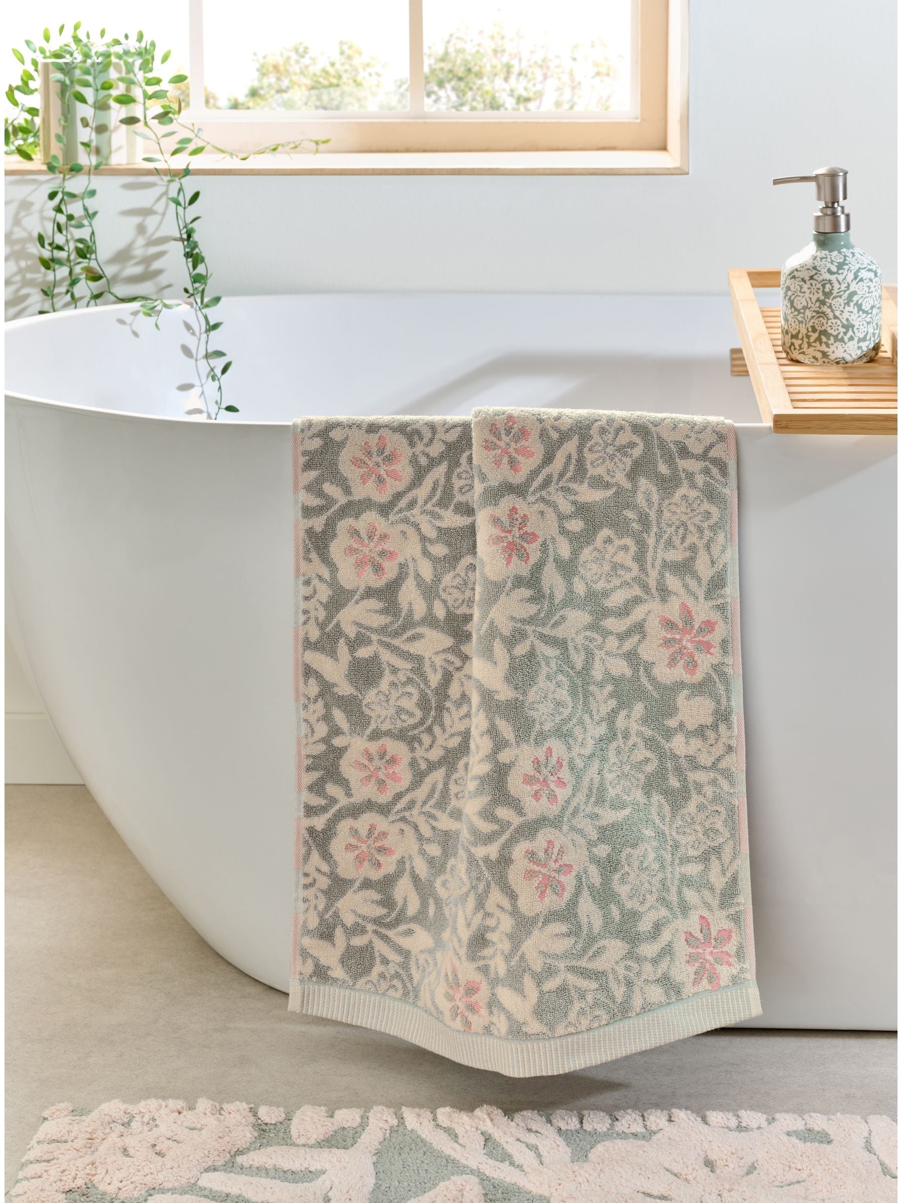 Sage Green Floral Print Cotton Towel (British brand)