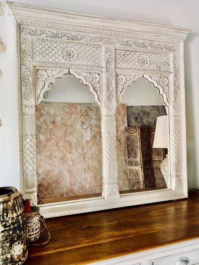 Next Kirei Home White Indian 2 Arch Mango Wood Decorative Wall Mirror 107cm x 108cm- Buy online at McGrocer