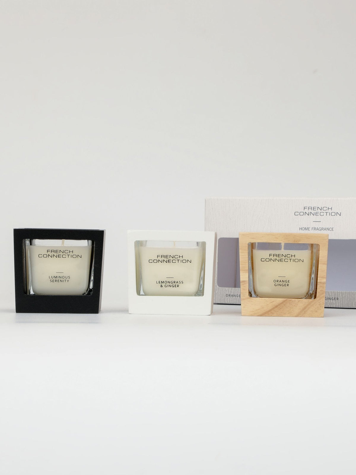 French Connection natural wooden candle gift set 3x50g, imported from the UK