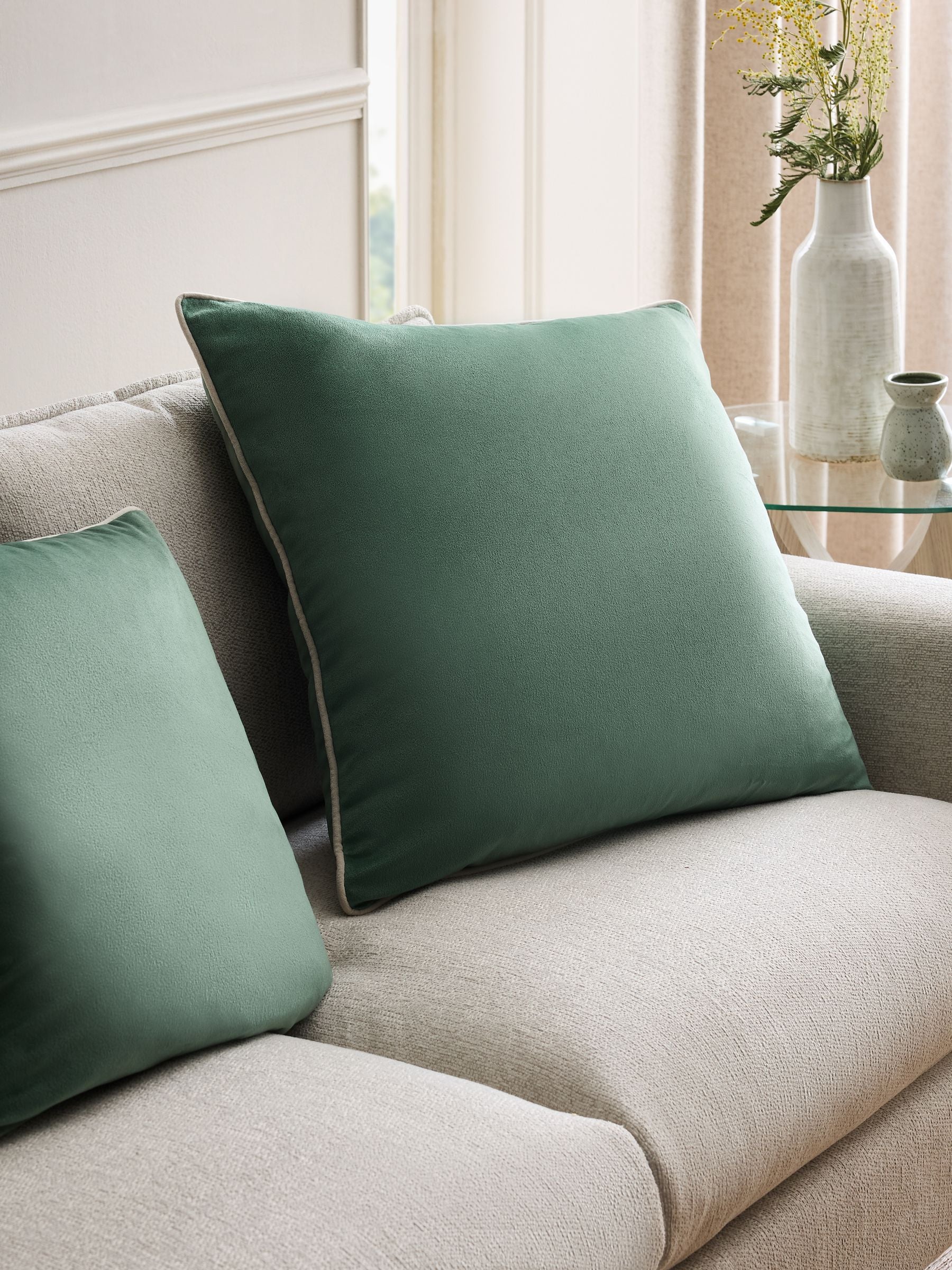 Dark Green Matte Velvet Contrast Pipe Cushion - 50 x 50cm