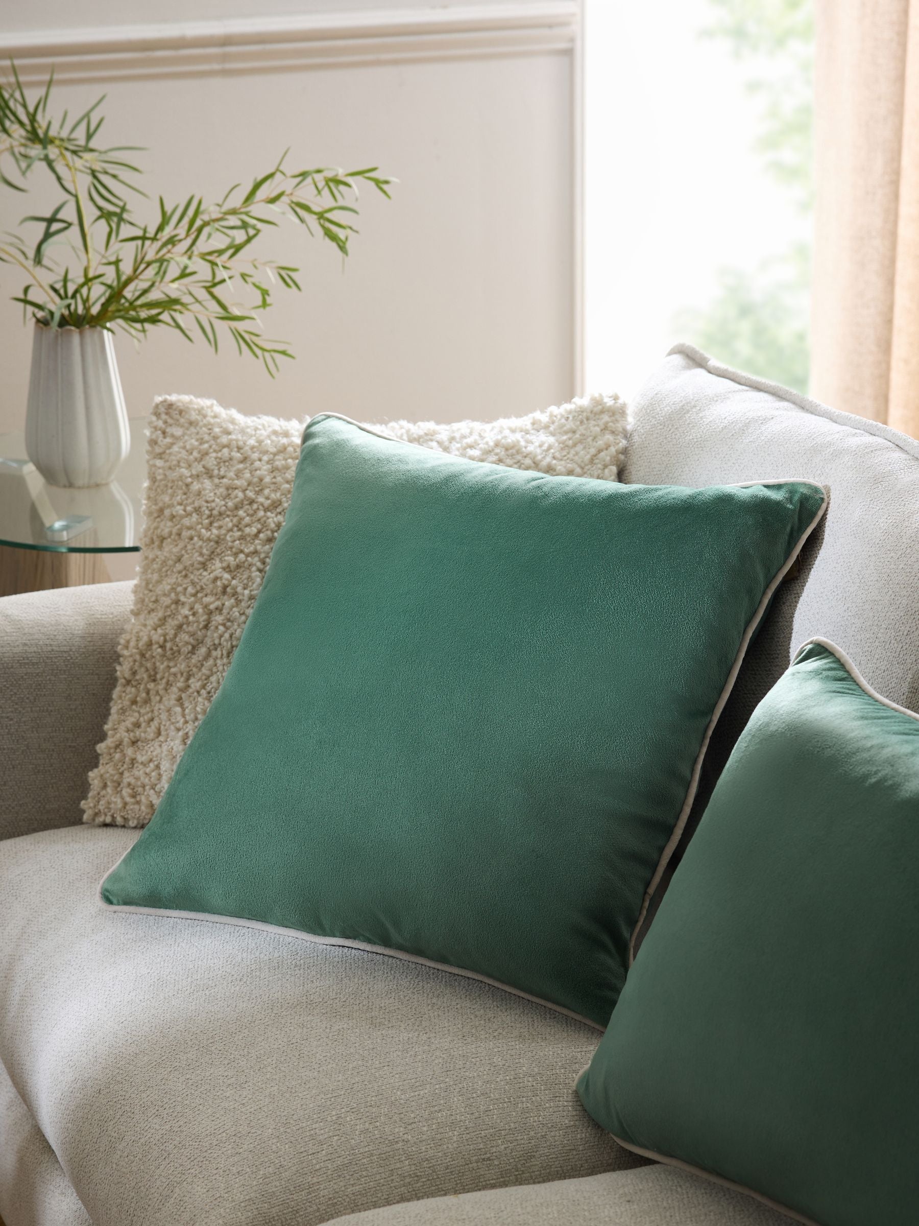 Dark Green Matte Velvet Contrast Pipe Cushion - 50 x 50cm