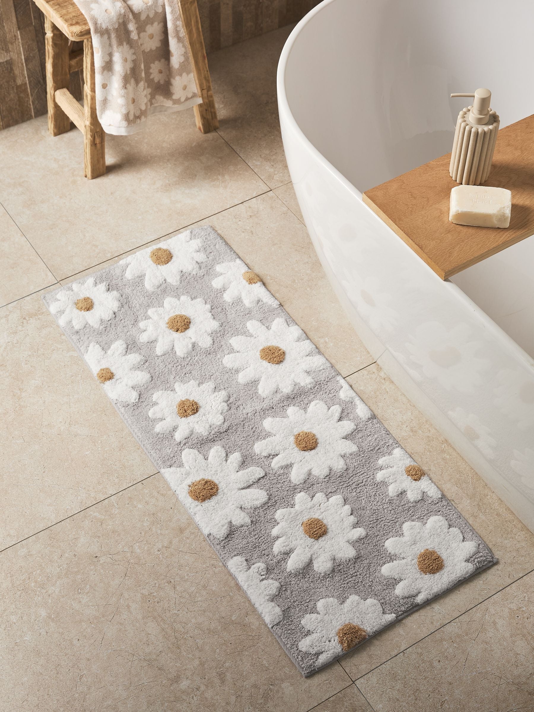 Natural Grey Daisy 100% Cotton Bath Mat