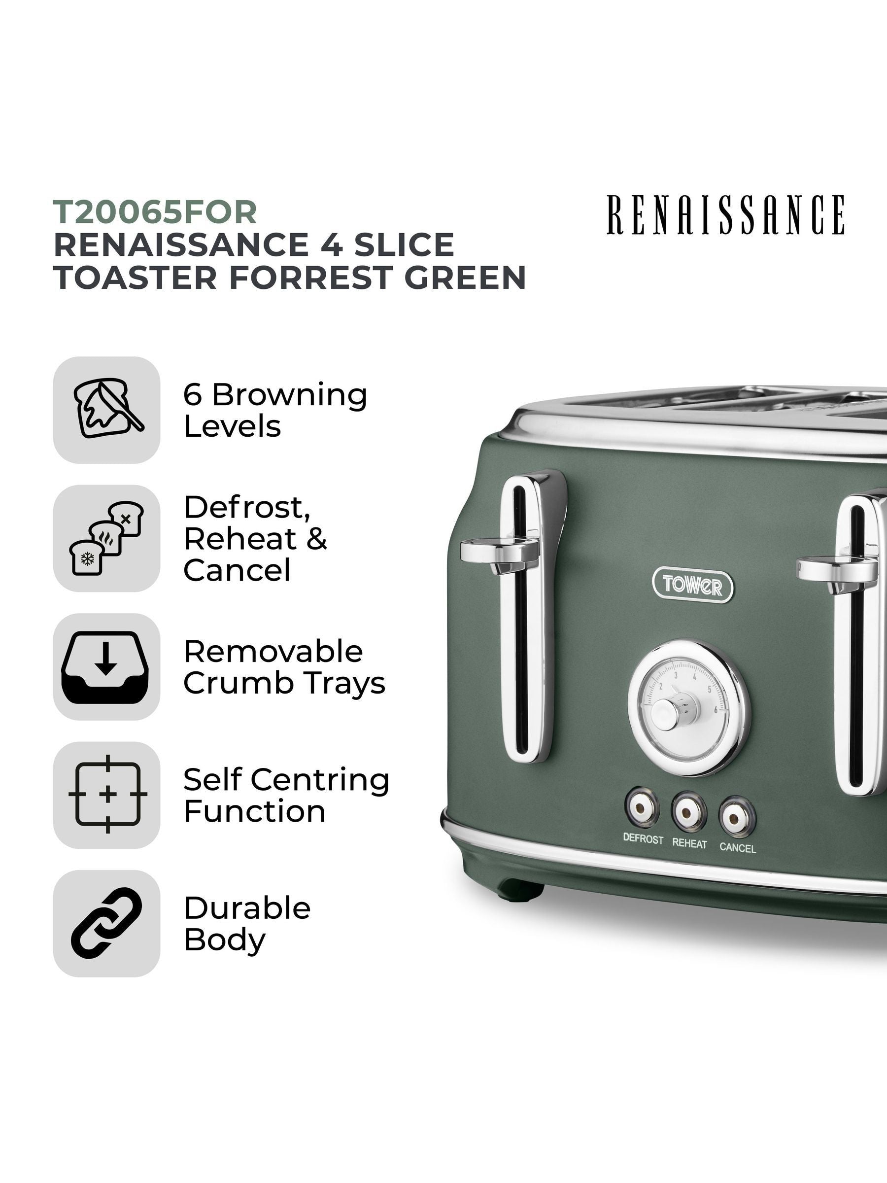 Tower Grey Renaissance 4 Slice Toaster