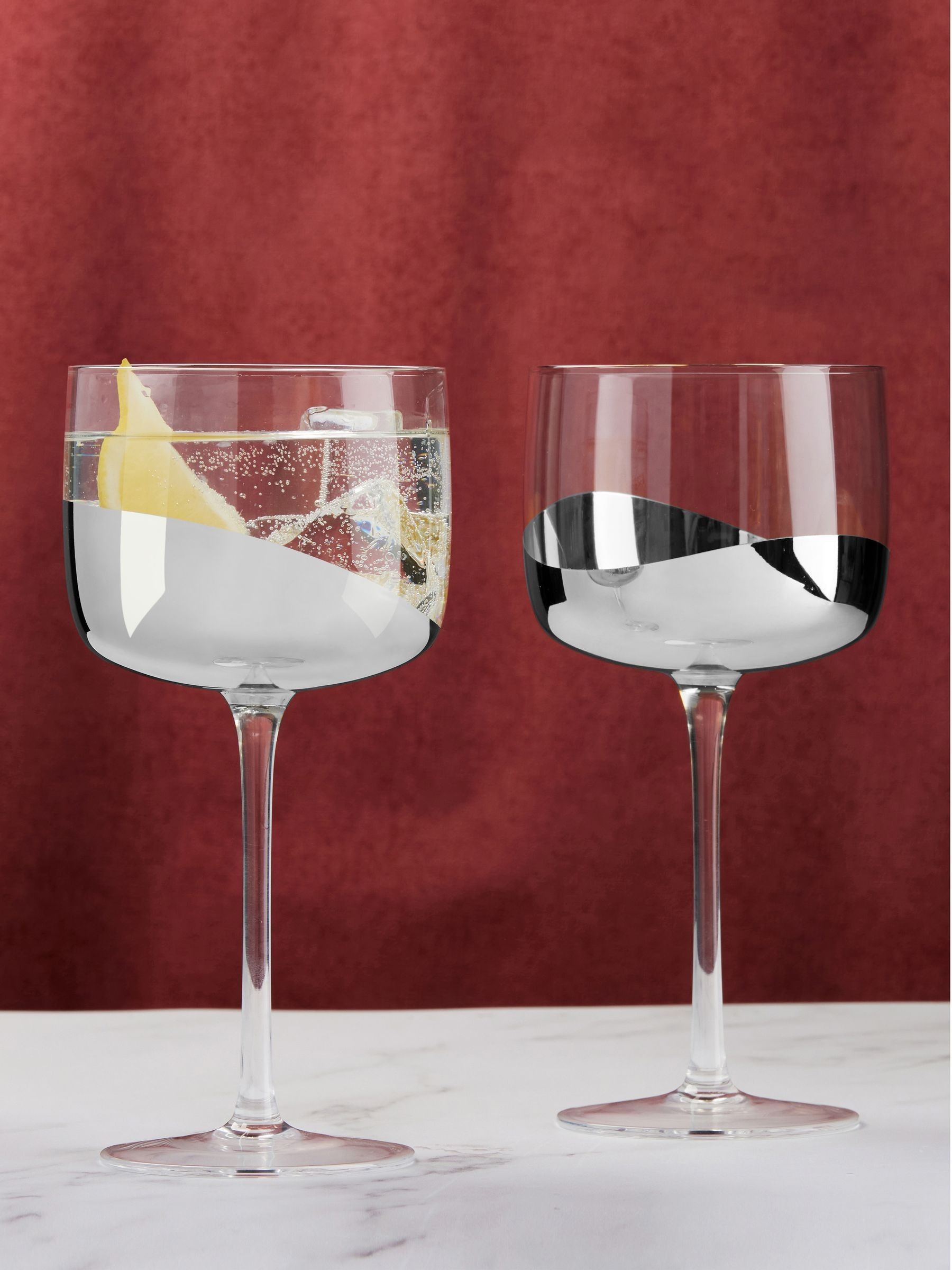 Set of 2 Silver Wave Gin Glasses with Tall Stem, Hand-Crafted