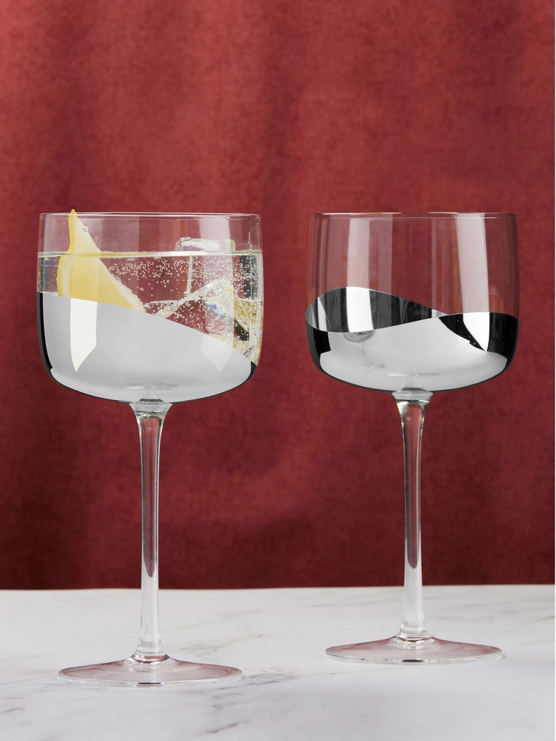 Set of 2 Silver Wave Gin Glasses with Tall Stem, Hand-Crafted