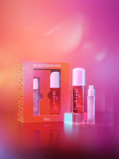 Set mit dunklem Bräunungswasser und mittlerem Gesichtsbräunungsserum mit luxuriöser Bräunungshandschuh