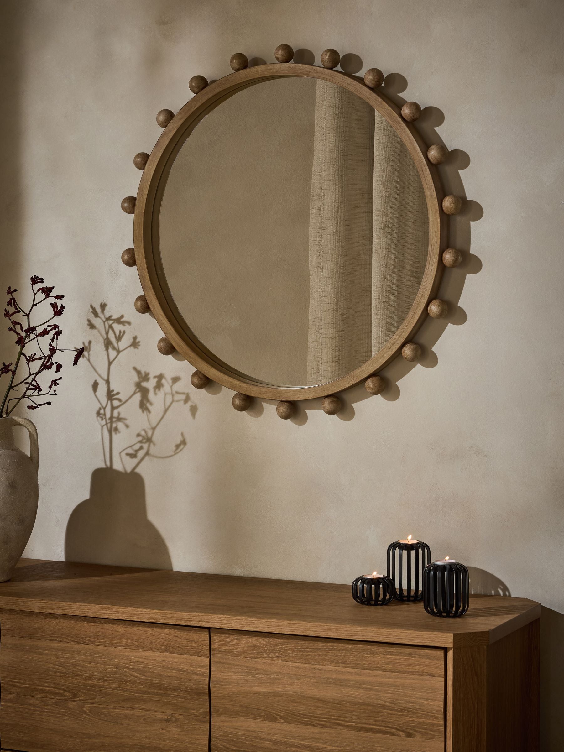 Wood bobbin round wall mirror 75cm x 75cm, UK version