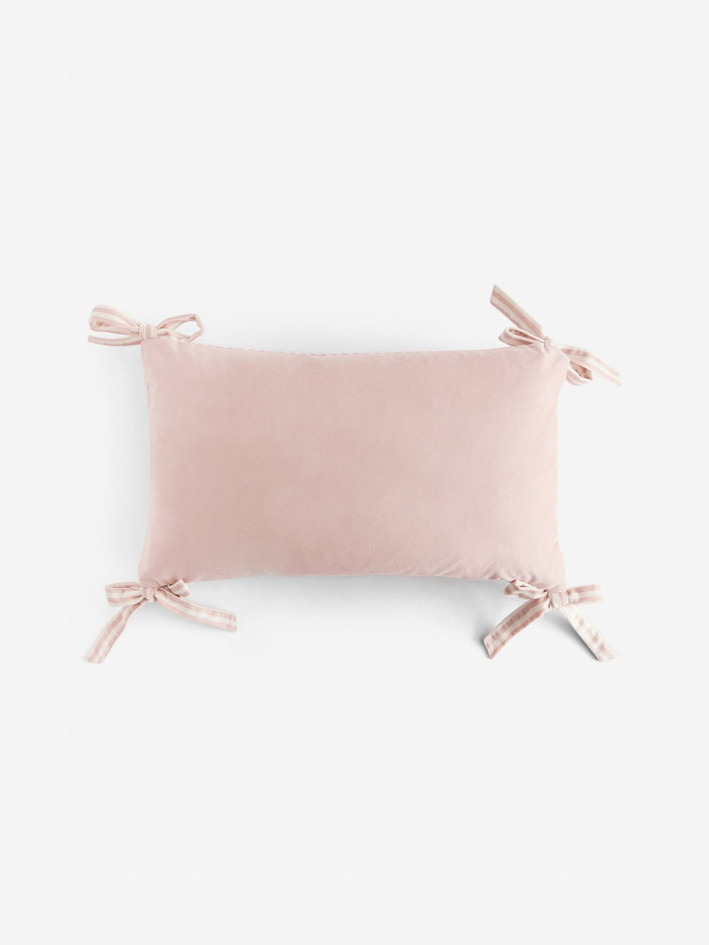 Pink velvet cushion with pearl bow detailing 30x50cm (British brand)