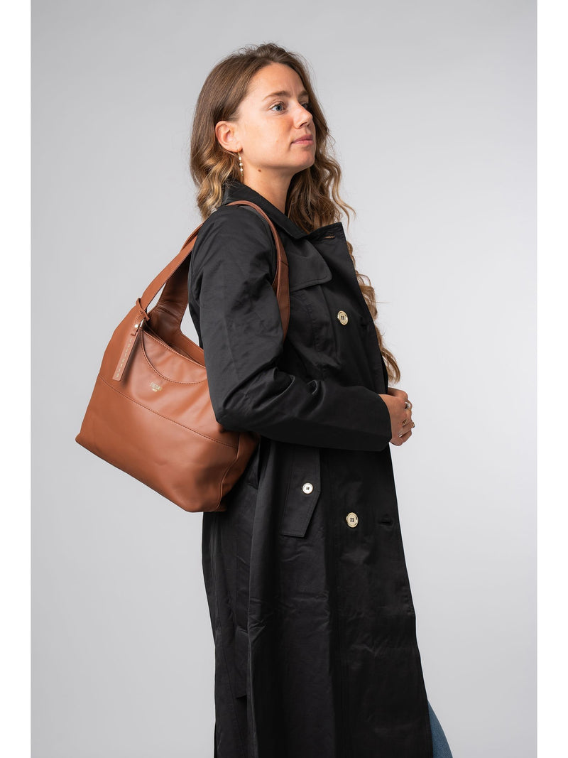 Cultured London brown Ariel leather shoulder bag, imported from the UK