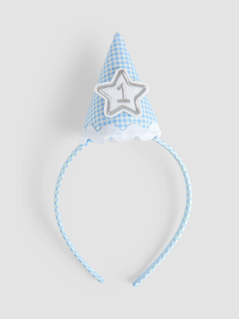 JoJo Maman Bébé blue gingham birthday hat headband - British product