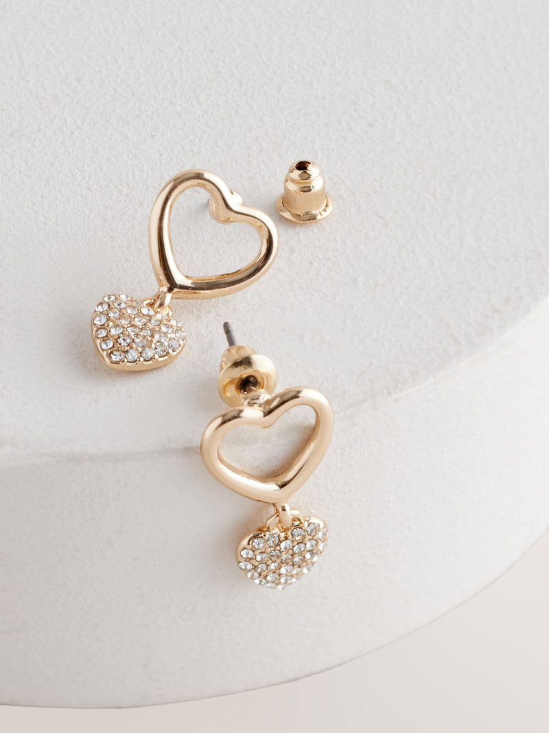 Gold tone heart drop sparkle stud earrings, imported from the UK