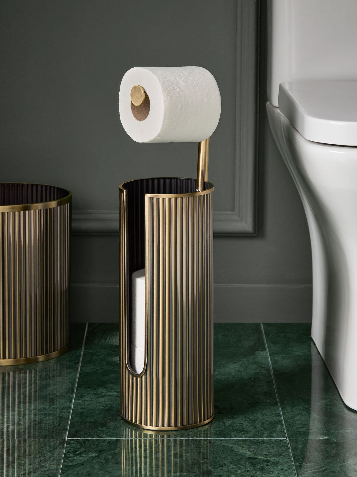 Gold Rib Floor Standing Toilet Roll Holder, UK version
