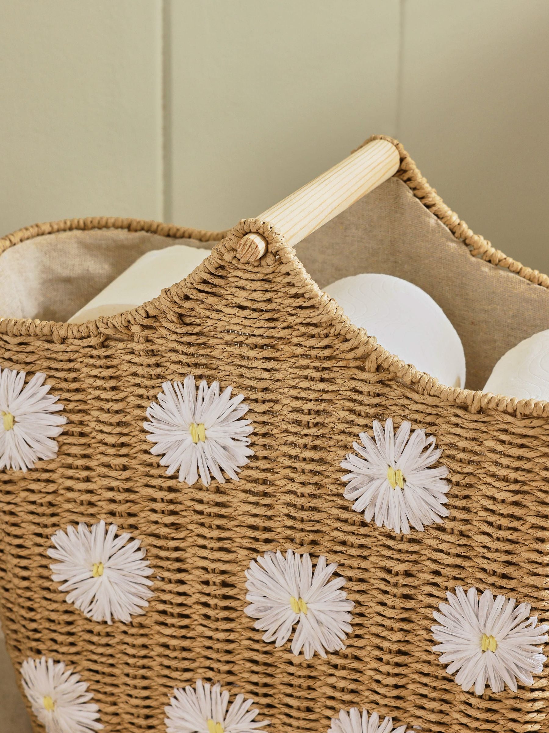Natural Daisy Woven Toilet Roll Holder and Storage Basket 12-roll capacity, imported from the UK