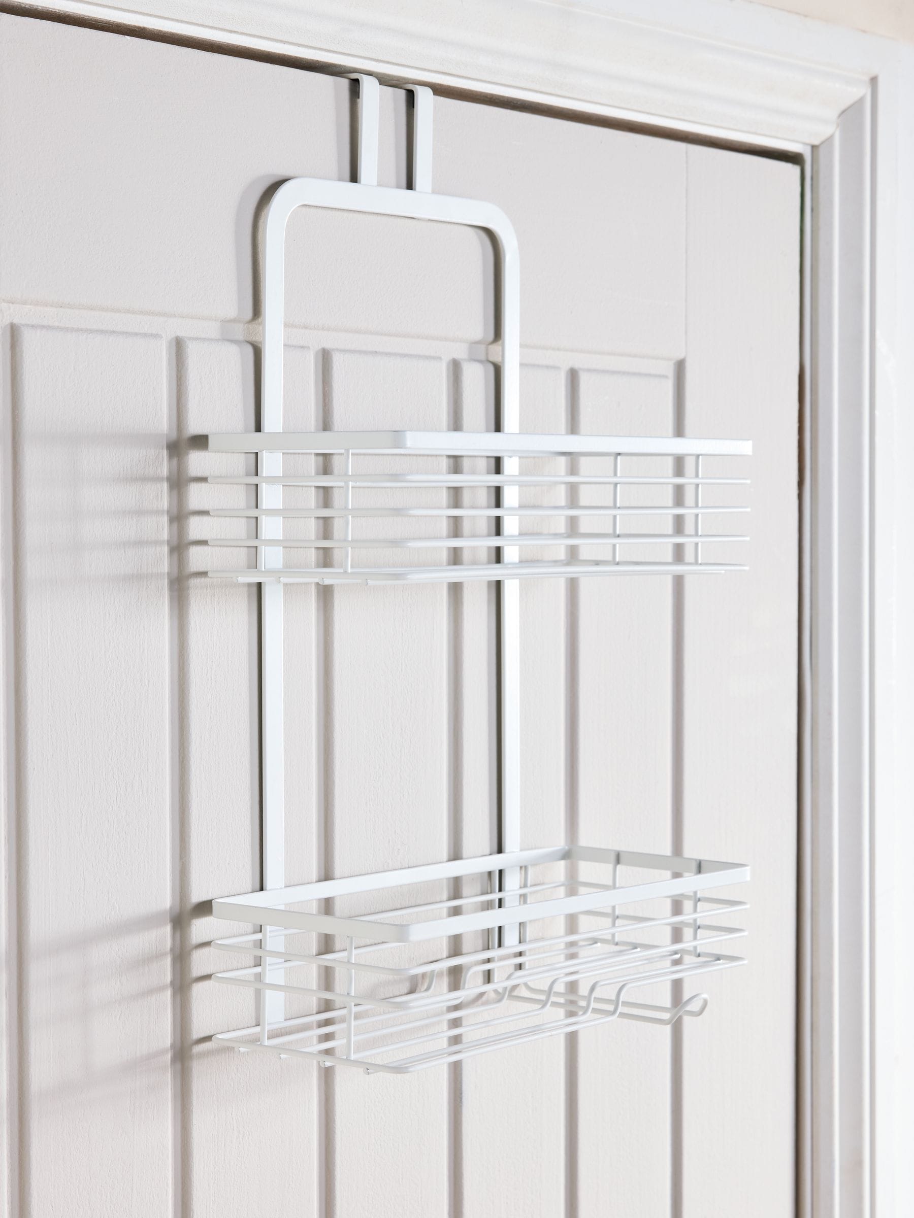 White shower caddy two-tier metal with hook (British brand)