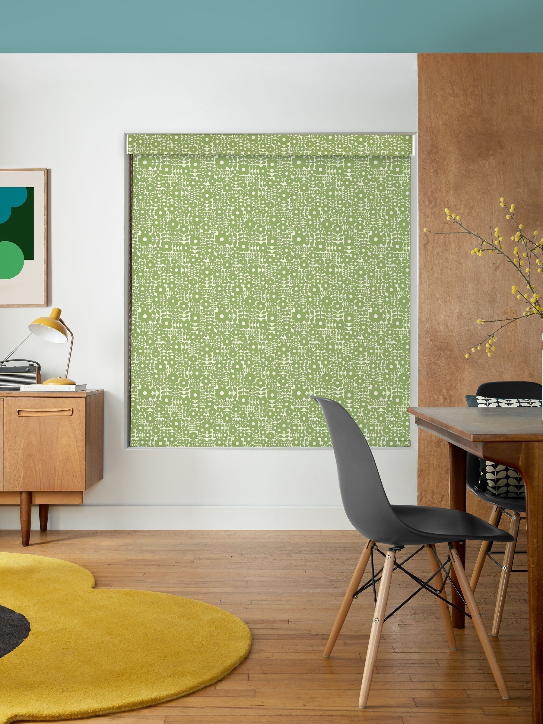 Orla Kiely roller blind Basil Green Criss-Cross Stem, imported from the UK