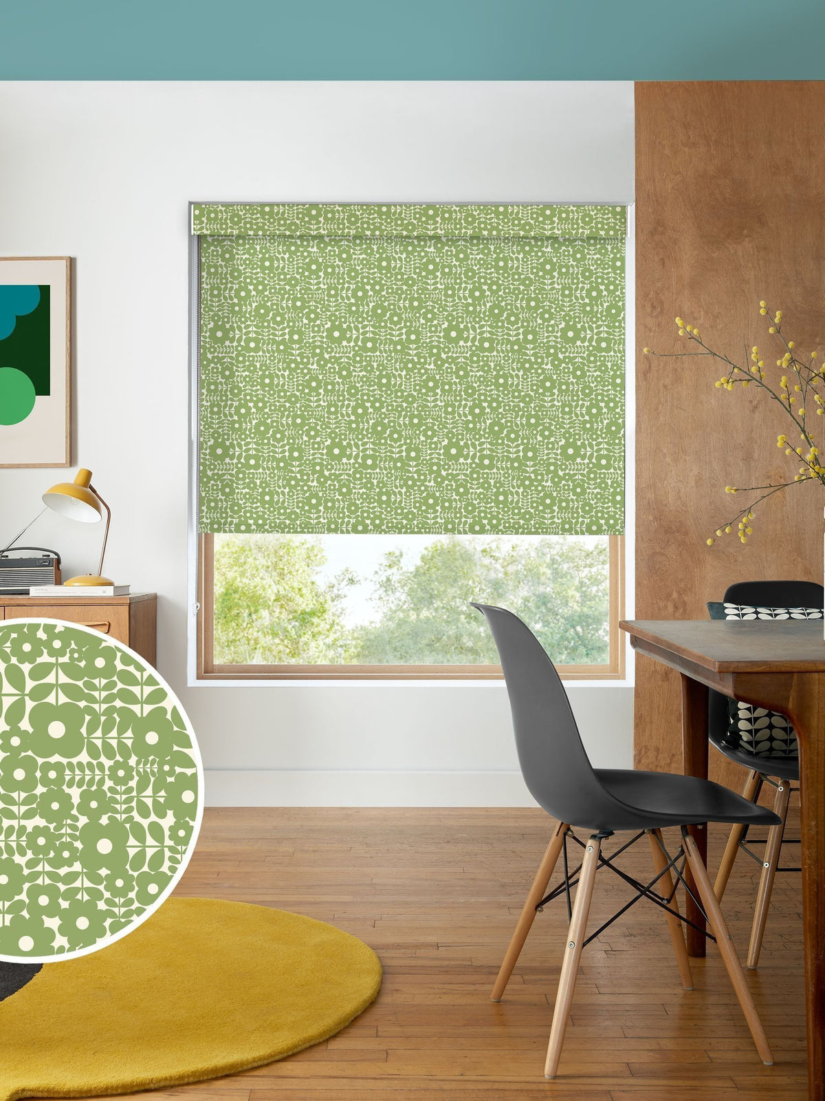 Orla Kiely roller blind Basil Green Criss-Cross Stem, imported from the UK