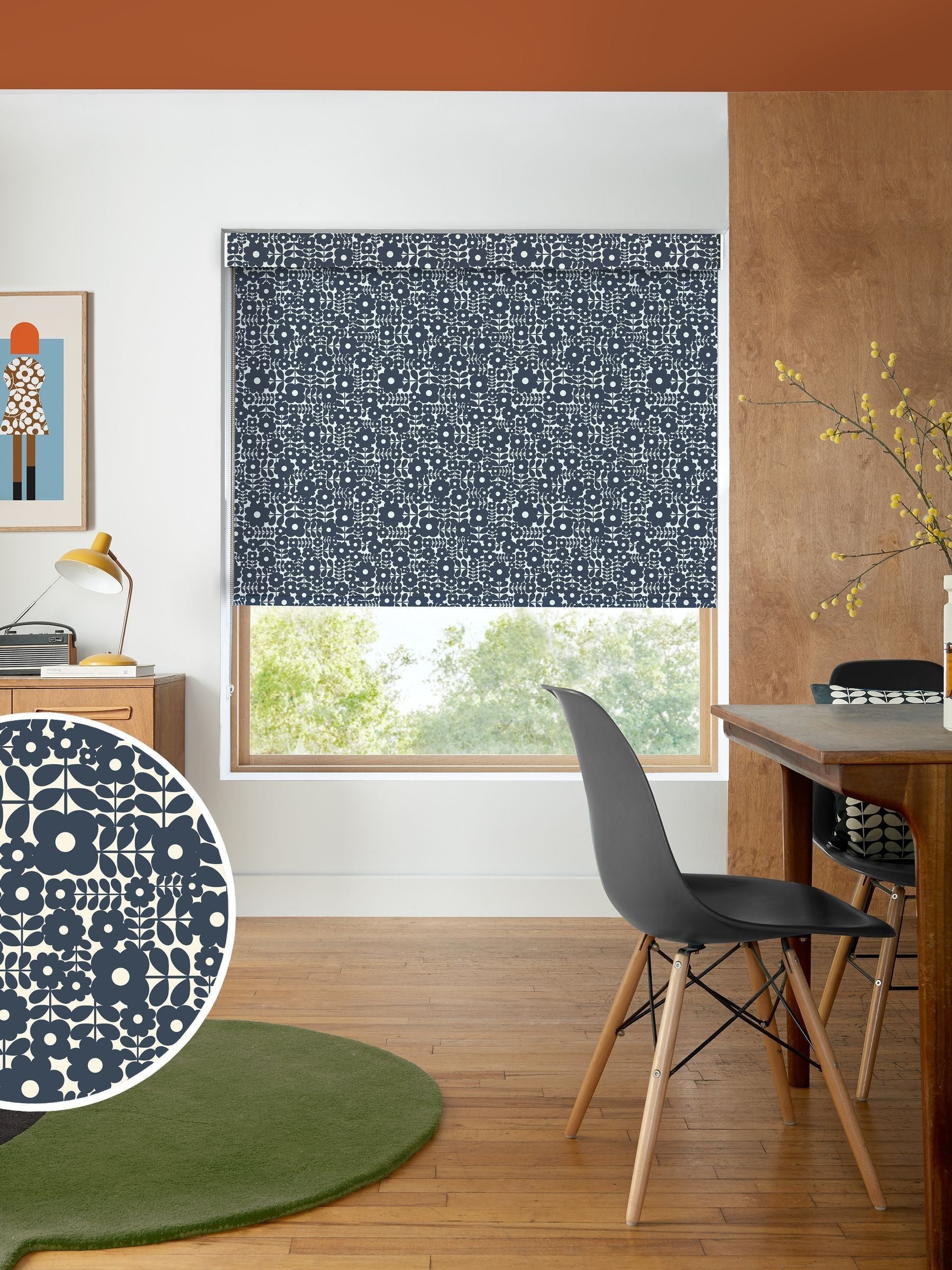 Orla Kiely navy blue Criss-Cross Stem roller blind, made to measure, UK version