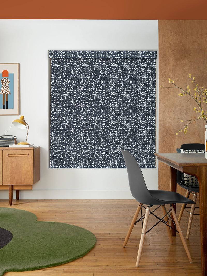 Orla Kiely navy blue Criss-Cross Stem roller blind, made to measure, UK version