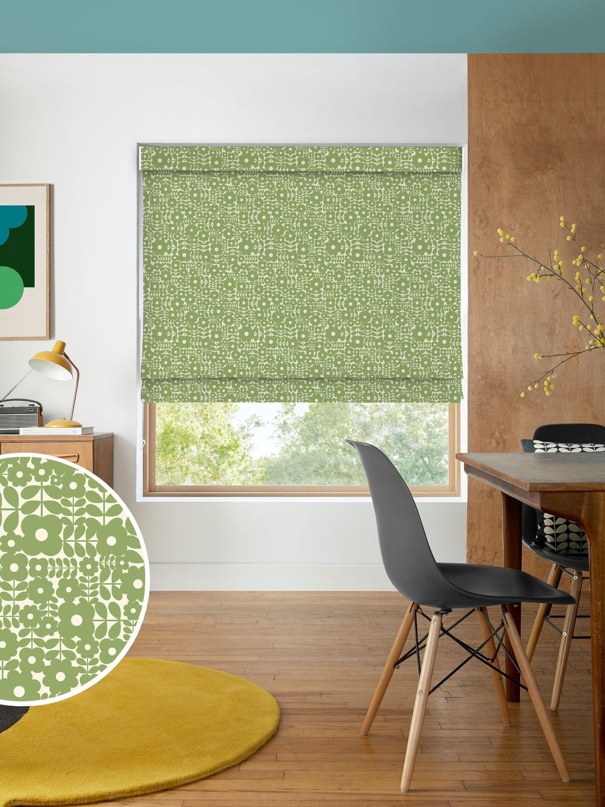 Orla Kiely Basil Green Criss Cross Stem roman blind (British brand)