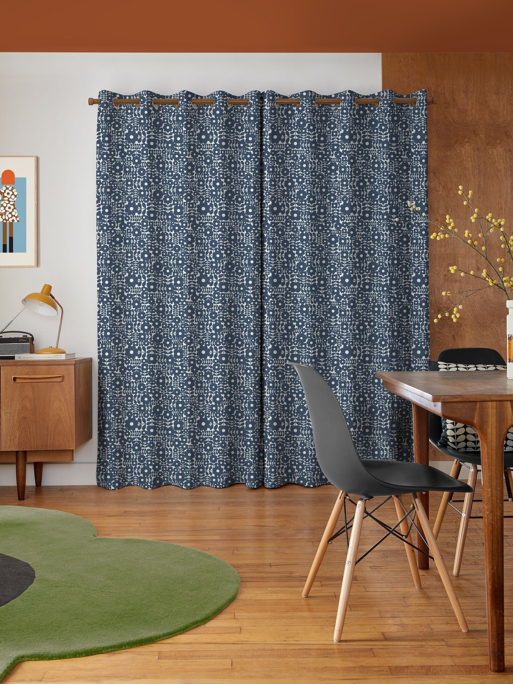 Orla Kiely navy blue Criss-Cross Stem made to measure curtains, imported from the UK