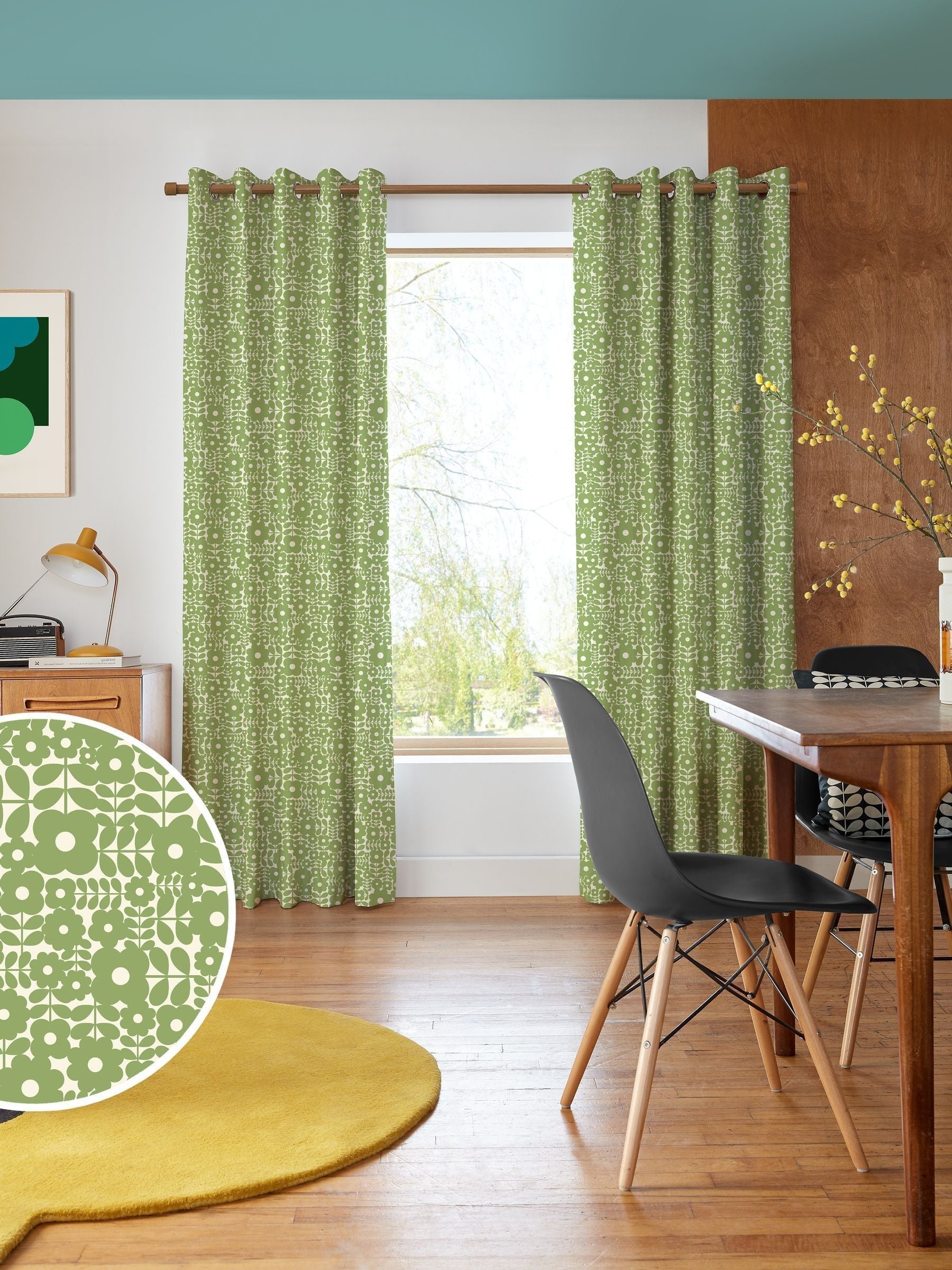 Orla Kiely Basil Green Criss Cross Stem curtains, UK version