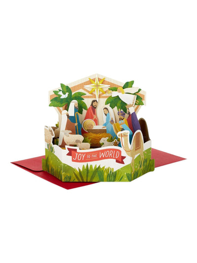 3D Pop-Up Weihnachtskarte mit Krippenszene und Goldfolien-Akzenten, 22,8x15,9cm