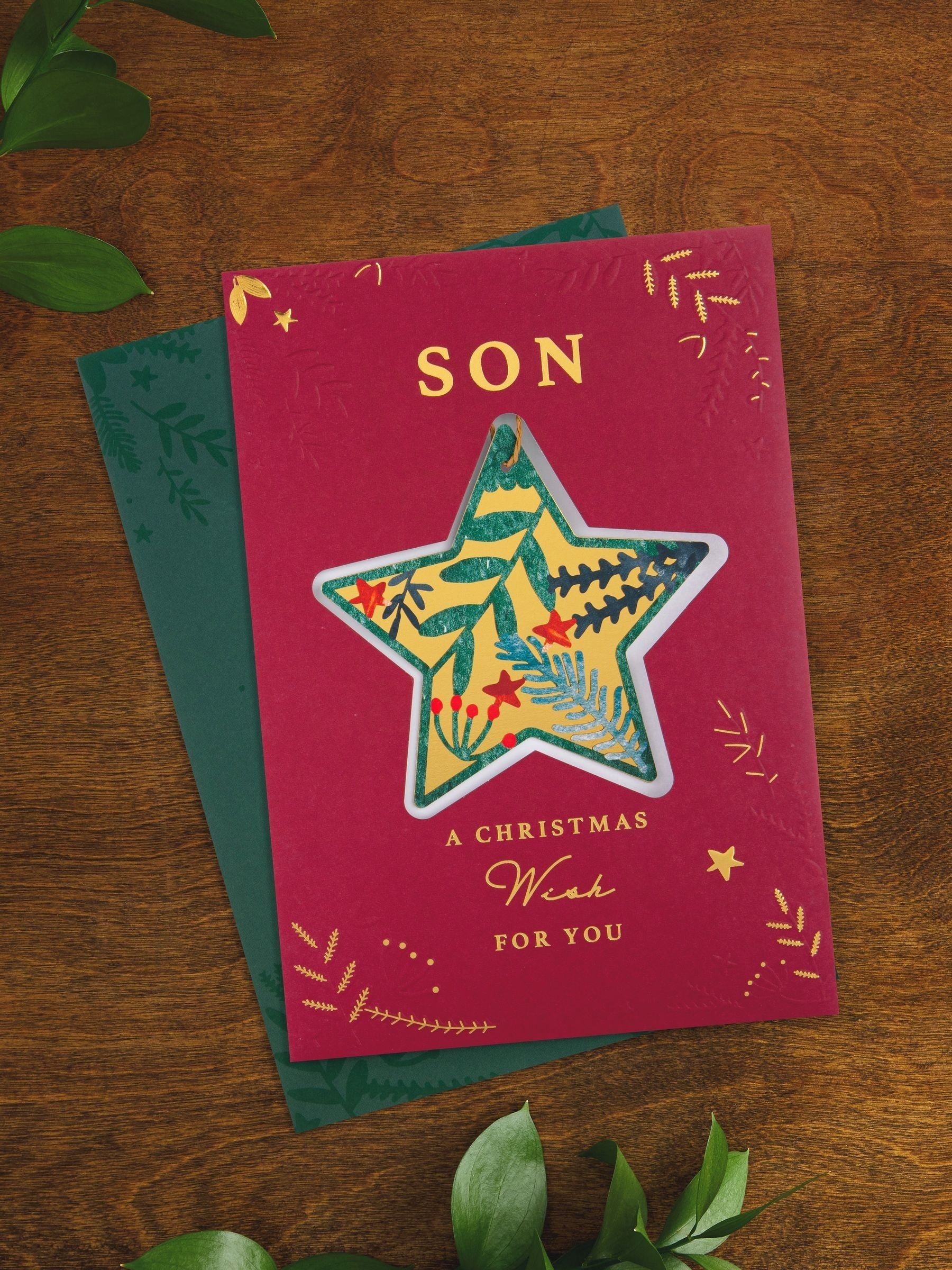 Red Keepsake Bauble Design Christmas Card for Son with Detachable Star Attachment 22.8x15.9cm