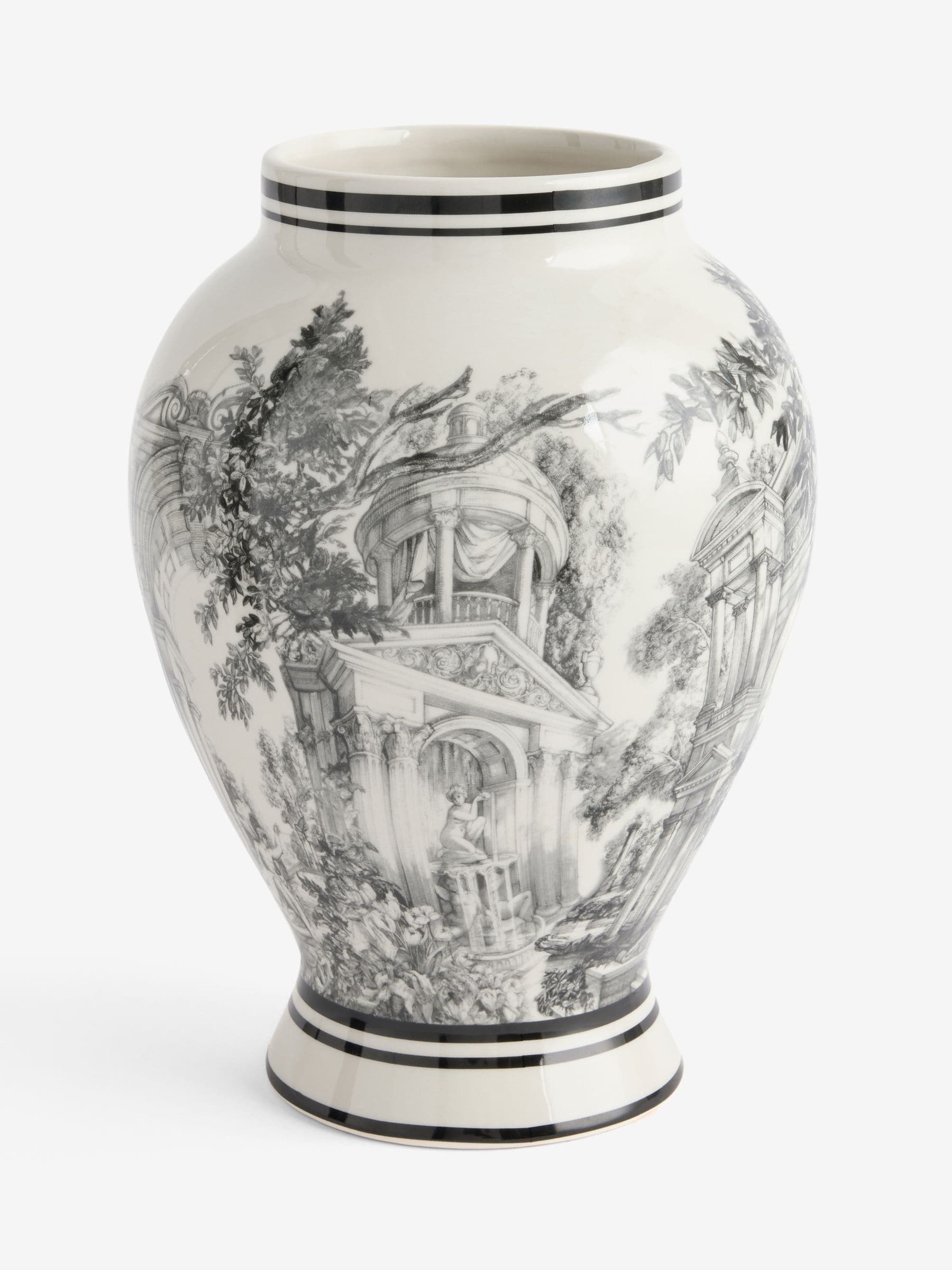 Laurence Llewelyn-Bowen ivory black toile print ceramic vase 30cm height, UK version