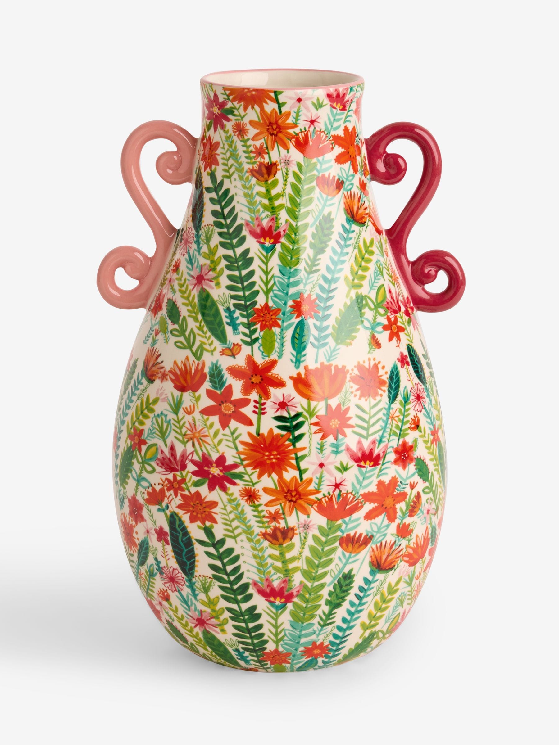 Lucy Tiffney pink and green floral print ceramic vase 33cm, UK version