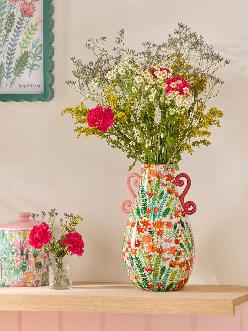 Lucy Tiffney pink and green floral print ceramic vase 33cm, UK version