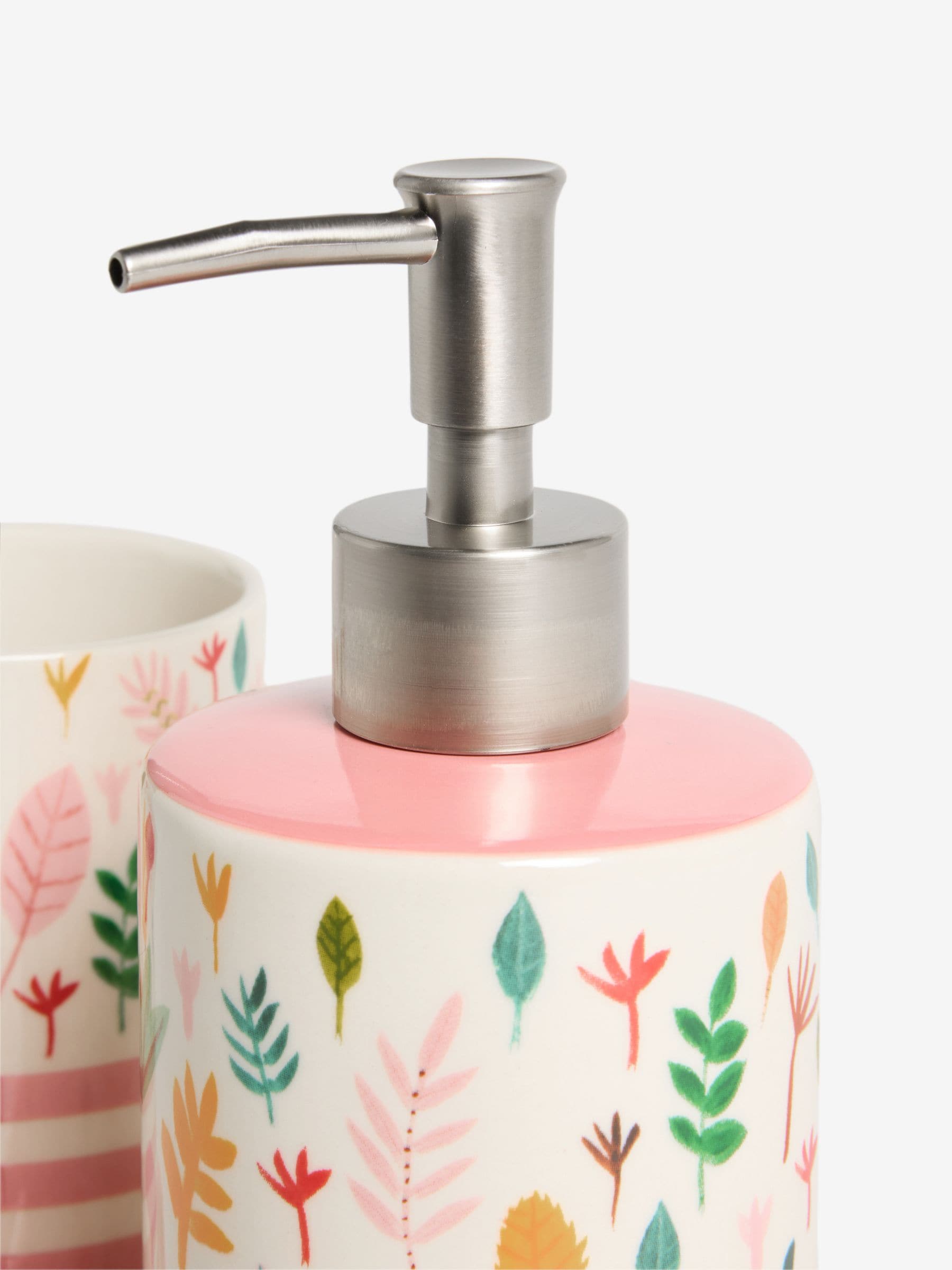 Lucy Tiffney Cream/Pink/Green Leaf soap dispenser and toothbrush tidy set, UK version