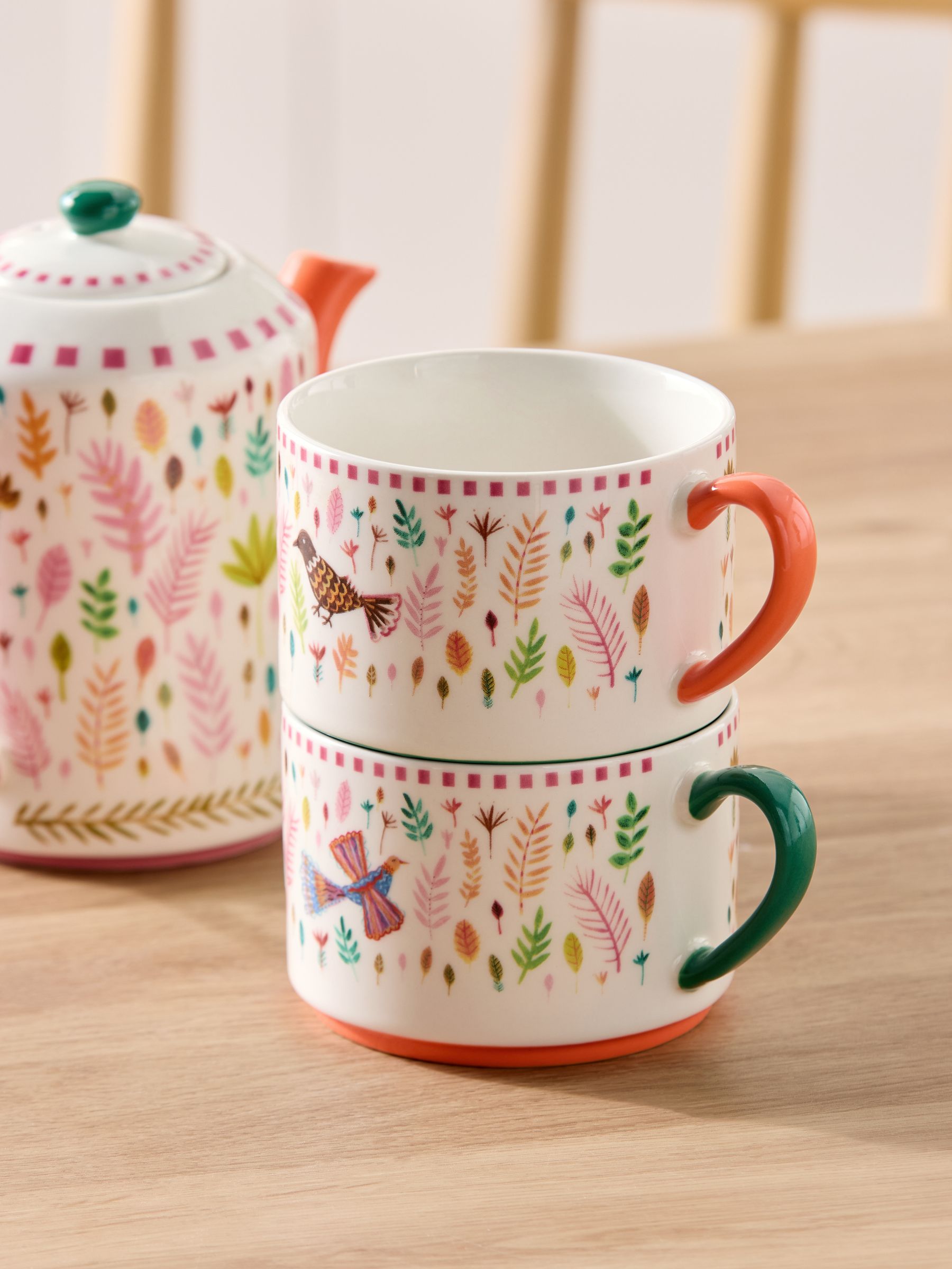 Lucy Tiffney cream, pink, green leaf tea set, UK version