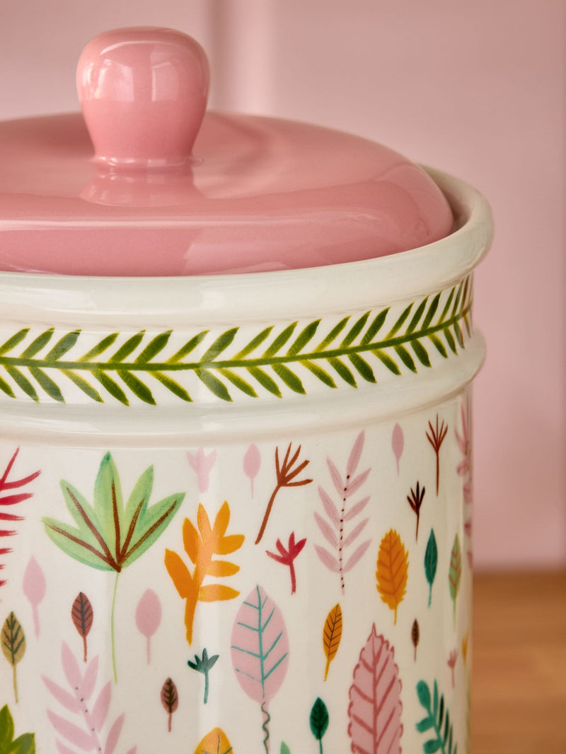 Lucy Tiffney bread bin ceramic cream pink green leaf print, UK version