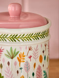 Lucy Tiffney bread bin ceramic cream pink green leaf print, UK version