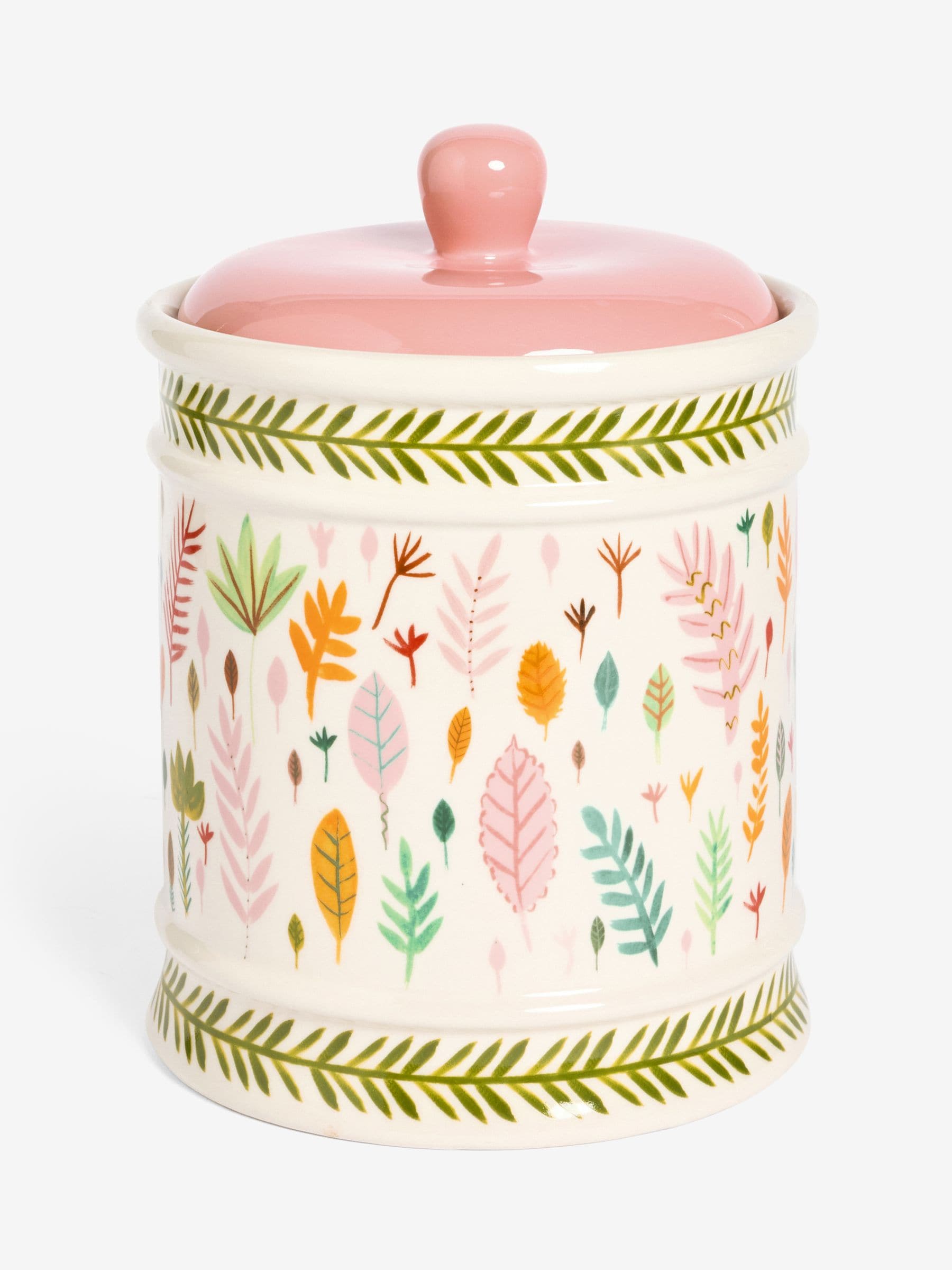 Lucy Tiffney bread bin ceramic cream pink green leaf print, UK version