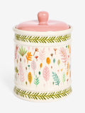 Lucy Tiffney bread bin ceramic cream pink green leaf print, UK version
