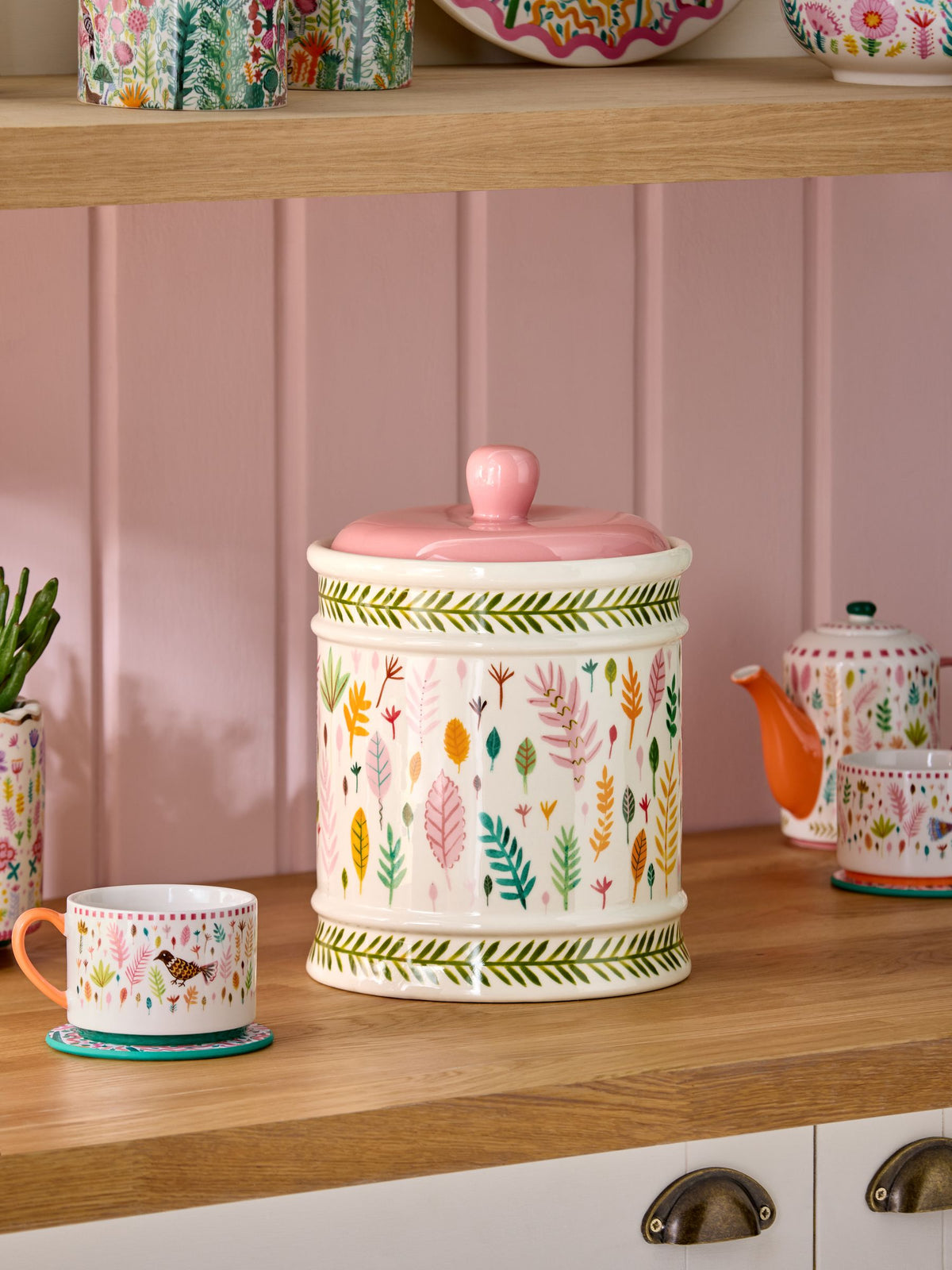 Lucy Tiffney bread bin ceramic cream pink green leaf print, UK version