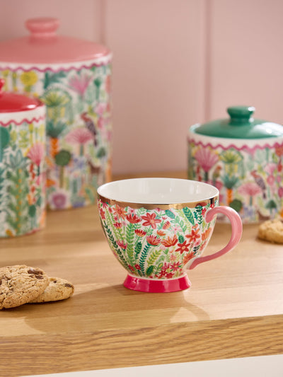 Single-Footed Mug with Floral Animal Print and Pink Handle