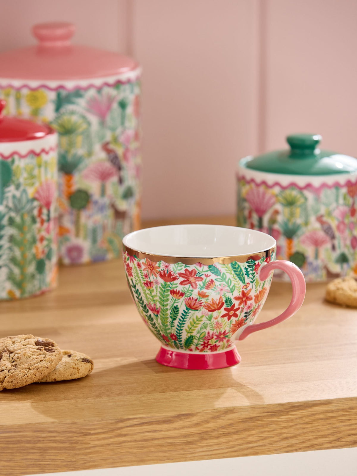 Single-Footed Mug with Floral Animal Print and Pink Handle
