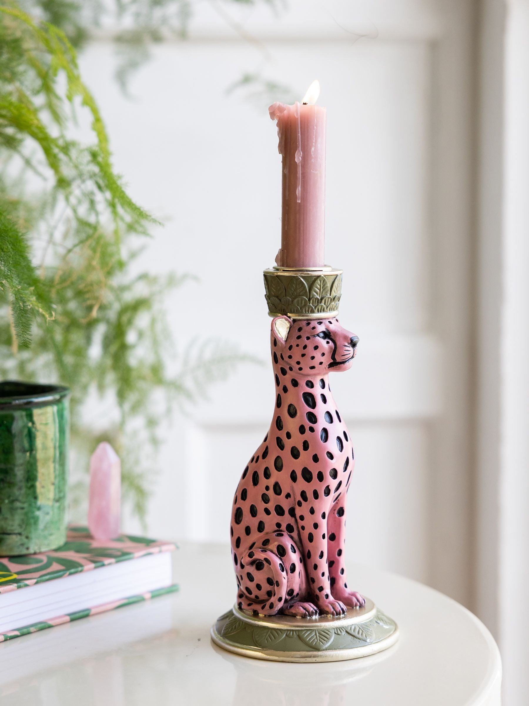 Rockett St George pink/black leopard print taper candle holder 17cm height, imported from the UK