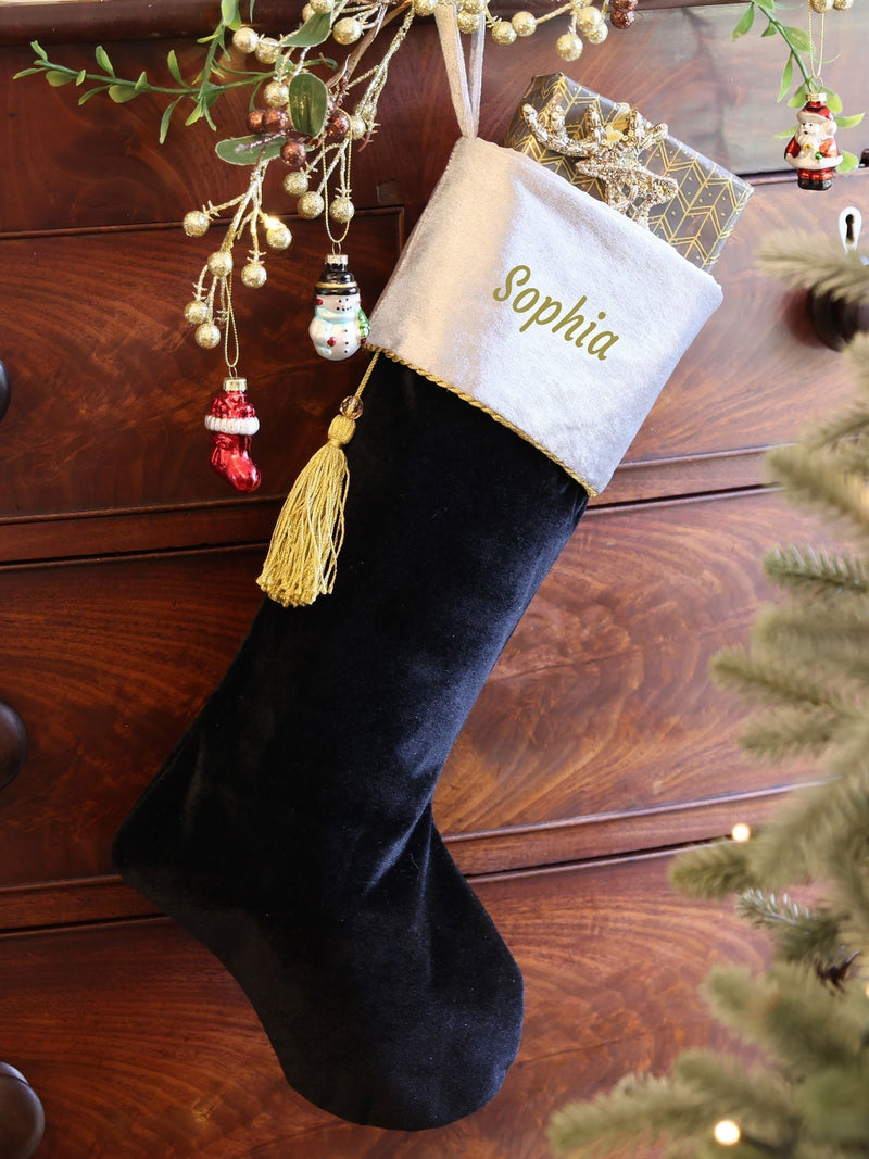 Dibor black velvet Christmas stocking, personalised, UK version