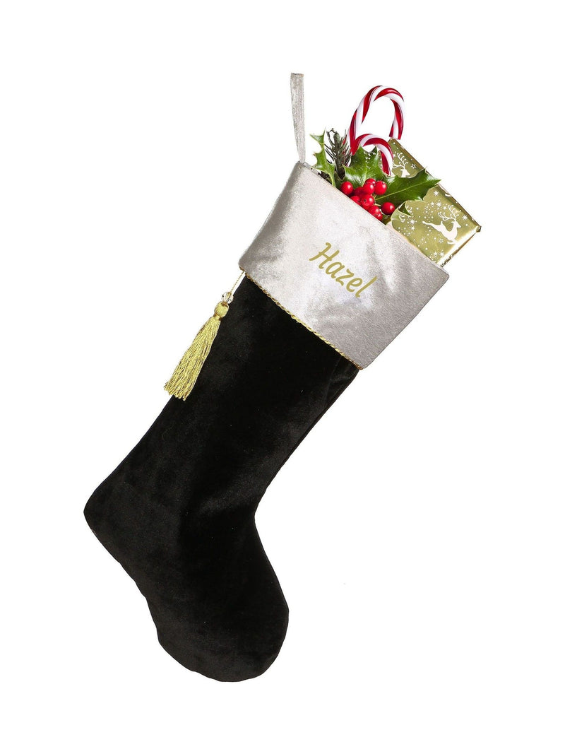 Dibor black velvet Christmas stocking, personalised, UK version