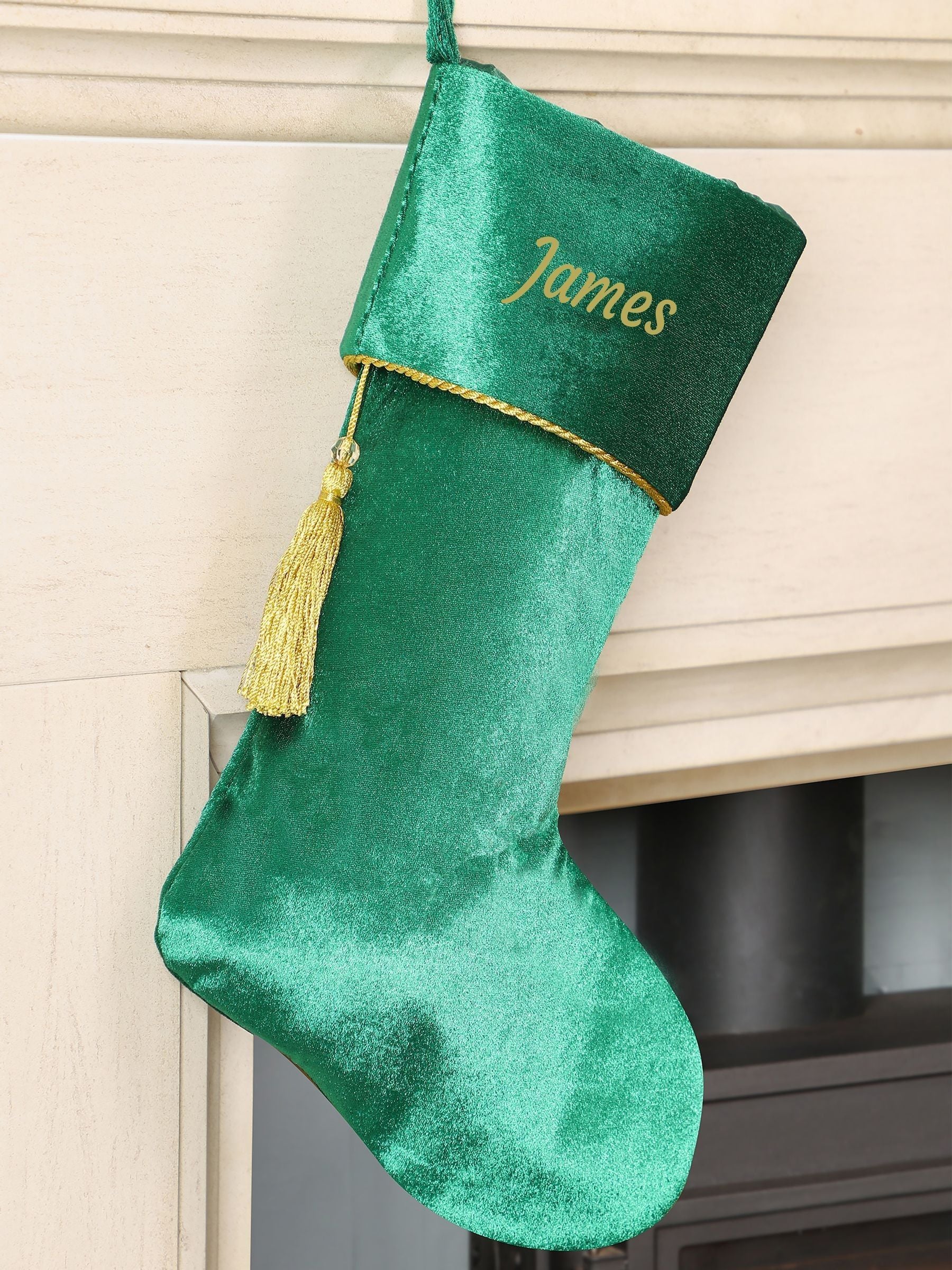 Dibor green velvet Christmas stocking with tassel - British product
