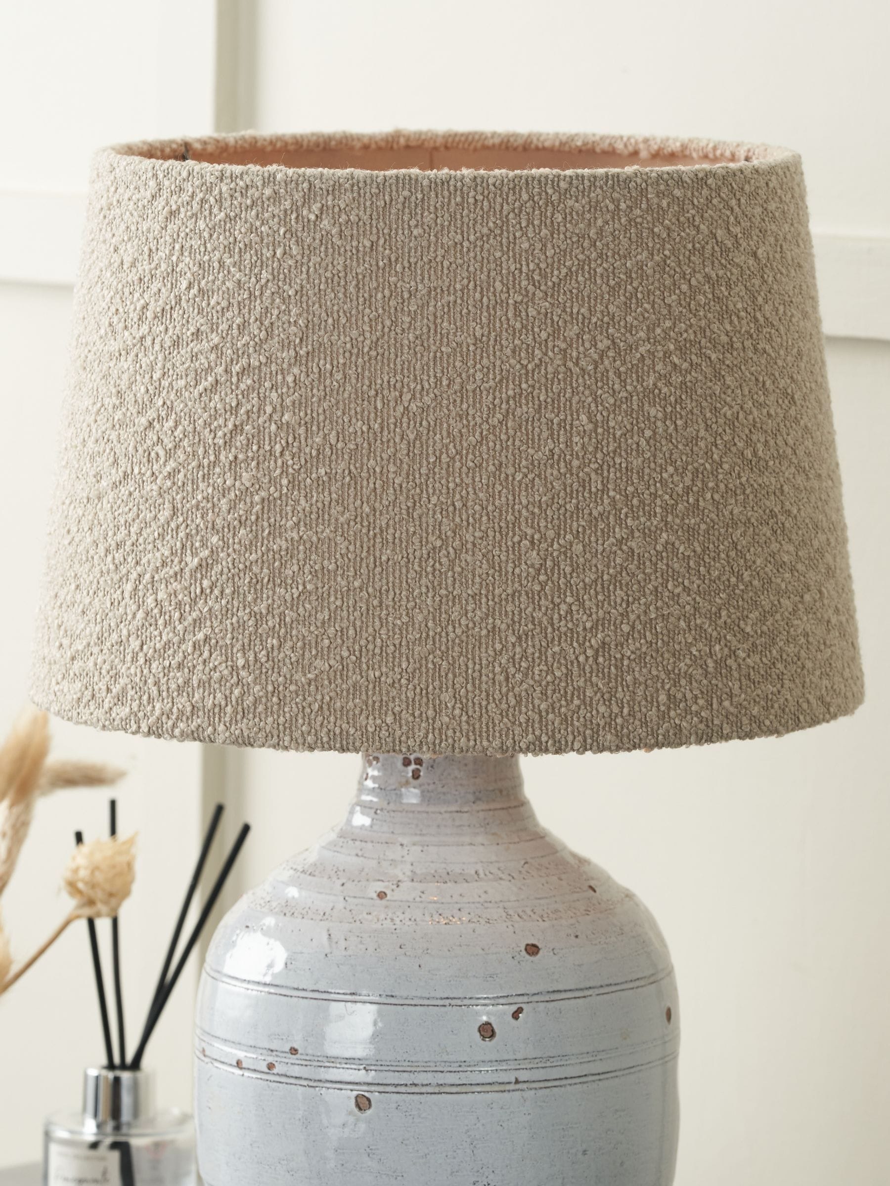 Pacific Lifestyle taupe boucle tapered cylinder shade, imported from the UK