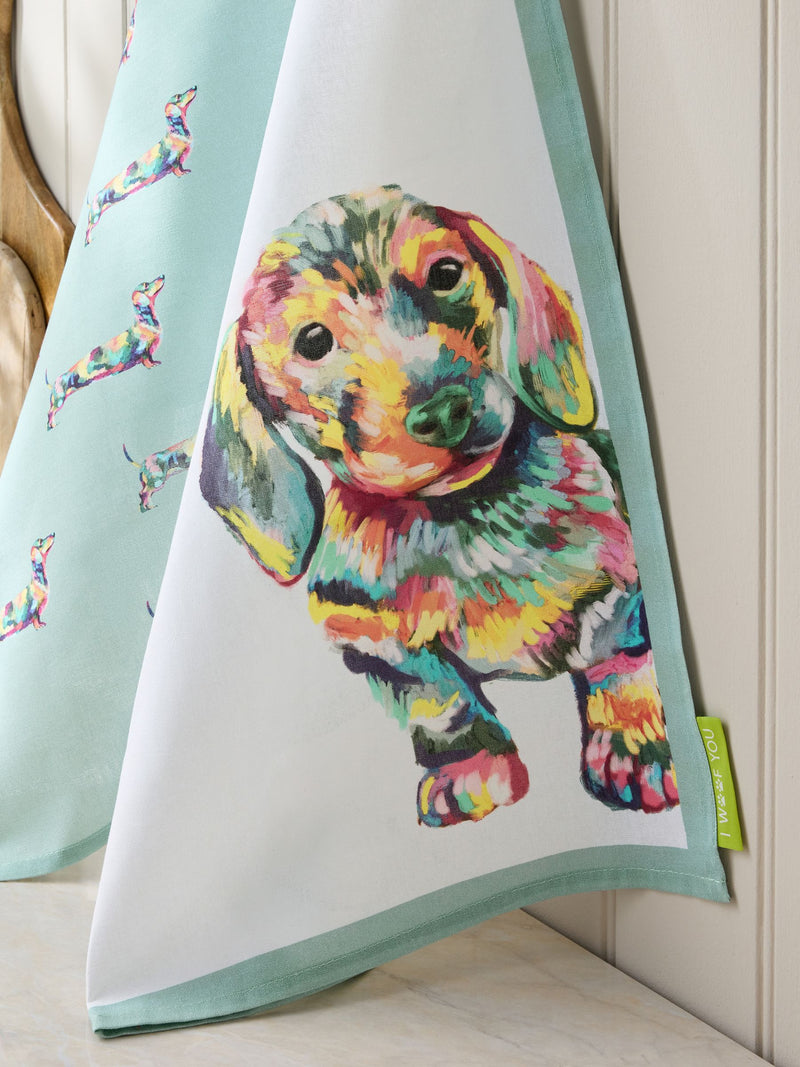 Set of 3 Teal Blue Sausage Dog Tea Towels
