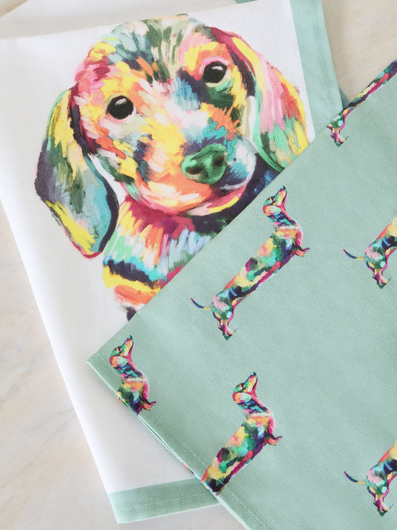 Set of 3 Teal Blue Sausage Dog Tea Towels