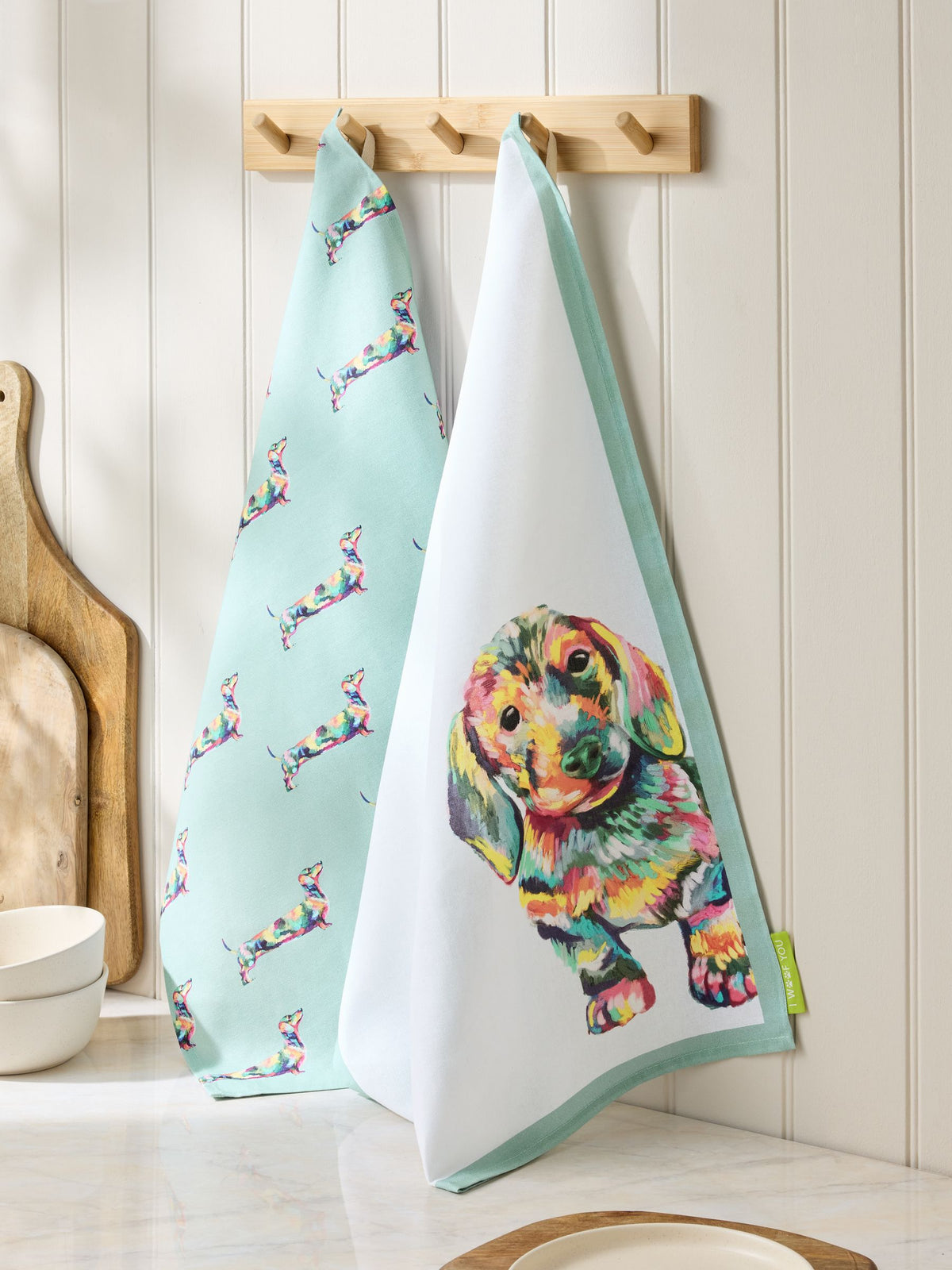 Set of 3 Teal Blue Sausage Dog Tea Towels