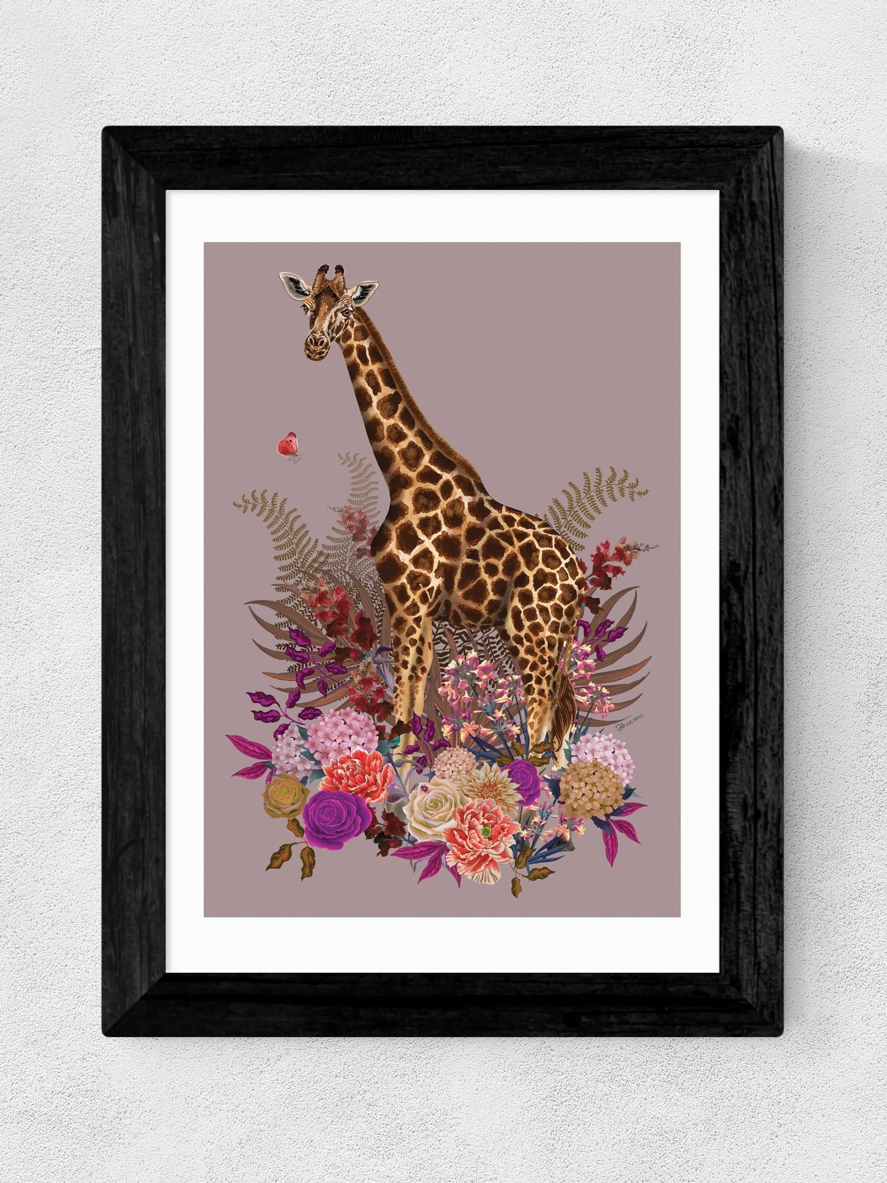 East End Prints Black Giraffe Floral Pink by Becca Who
